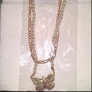 Butterfly Necklace Double layer Pearl and 18k Yellow Gold pl chain stainless NEW